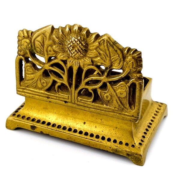 Open Work Lid Brass Stamp Holder Box Vintage 1960s Art Nouveau Style - Picture 1 of 8